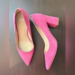 Marc Fisher pink suede Zala block heel pointy toe pump.